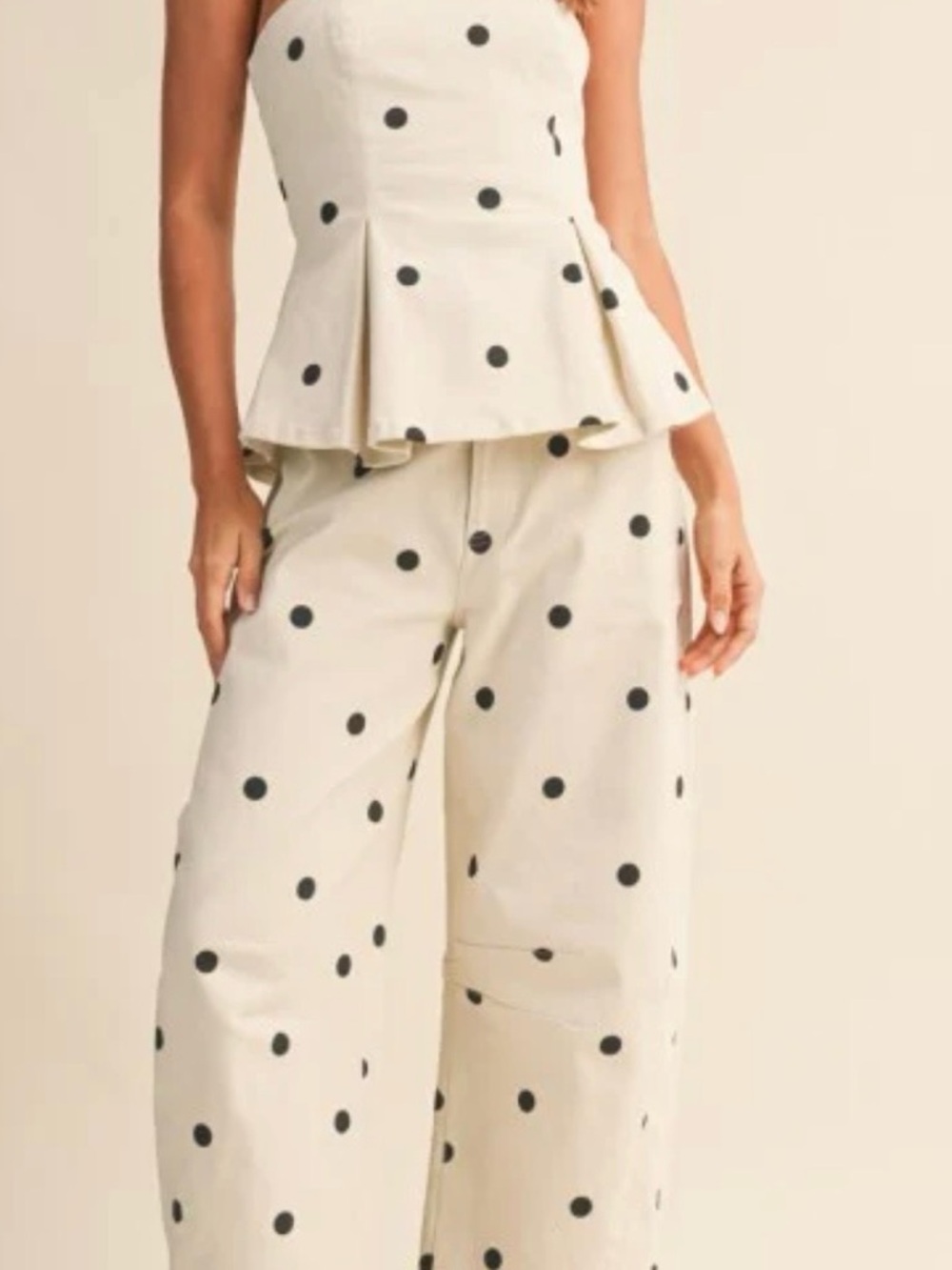 Sleeveless Peplum Top And Wide Leg Barrel Pants Polka Dot Print Set Ivory